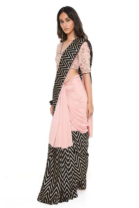 Buy Payal Singhal Pink Silkmul Chevron Pattern V Neck Saree With Choli Online at Aza Fashions Buy_Payal Singhal_Pink Silkmul Chevron Pattern V Neck Saree With Choli_Online_at_Aza_Fashions