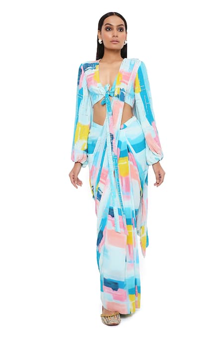 Buy Payal Singhal Blue Georgette Painterly Print V Neck Naisha Pre-stitched Saree With Blouse Online at Aza Fashions Buy_Payal Singhal_Blue Georgette Painterly Print V Neck Naisha Pre-stitched Saree With Blouse _Online_at_Aza_Fashions