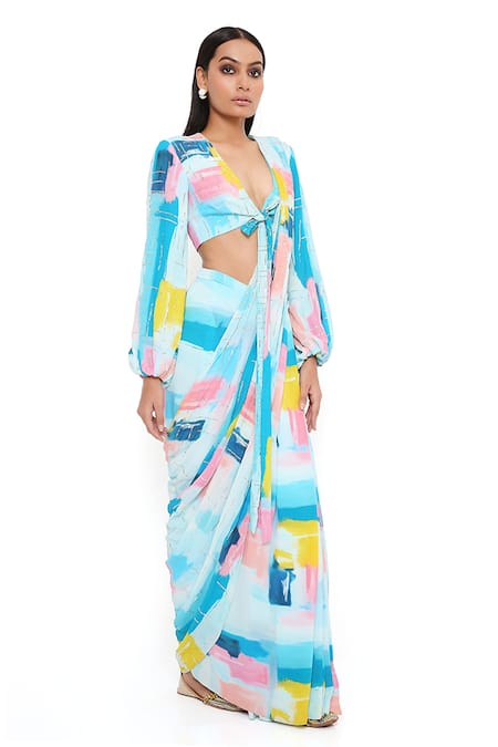 Buy Payal Singhal Blue Georgette Painterly Print V Neck Naisha Pre-stitched Saree With Blouse Buy_Payal Singhal_Blue Georgette Painterly Print V Neck Naisha Pre-stitched Saree With Blouse