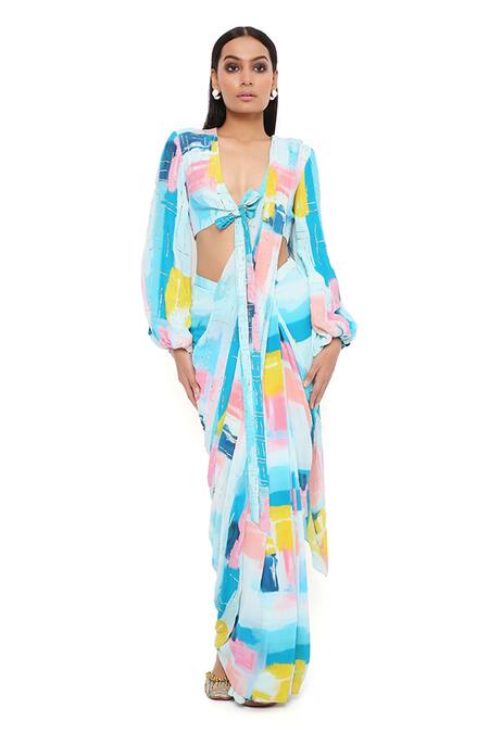 Shop Payal Singhal Blue Georgette Painterly Print V Neck Naisha Pre-stitched Saree With Blouse Shop_Payal Singhal_Blue Georgette Painterly Print V Neck Naisha Pre-stitched Saree With Blouse