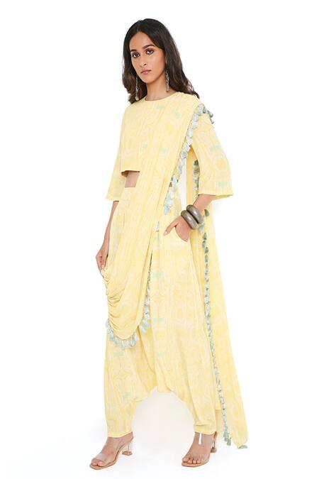 Payal Singhal_Yellow Crepe Printed Round Draped Pant Saree With Top_Online_at_Aza_Fashions