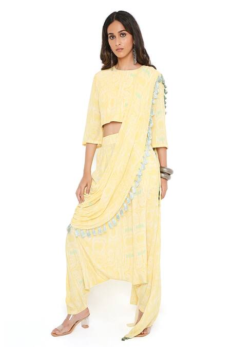 Buy_Payal Singhal_Yellow Crepe Printed Round Draped Pant Saree With Top_Online_at_Aza_Fashions