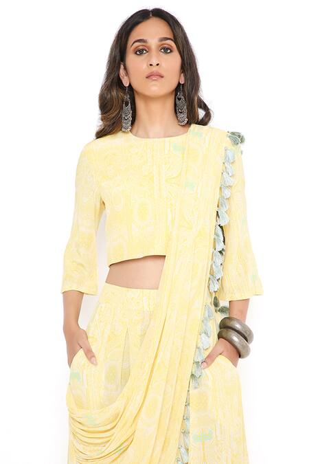 Shop_Payal Singhal_Yellow Crepe Printed Round Draped Pant Saree With Top_Online_at_Aza_Fashions