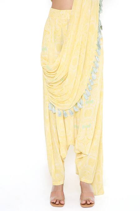 Payal Singhal_Yellow Crepe Printed Round Draped Pant Saree With Top_at_Aza_Fashions
