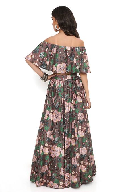 Shop Payal Singhal Brown Dupion Silk Printed Abutilon Floral Pattern Ruffle Top And Lehenga Set at Aza Fashions Shop_Payal Singhal_Brown Dupion Silk Printed Abutilon Floral Pattern Ruffle Top And Lehenga Set_at_Aza_Fashions