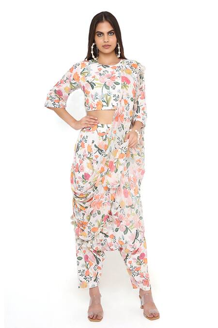 Buy_PS Pret By Payal Singhal_Ivory Art Crepe Printed Floral Pattern Round Draped Pant Saree With Top_Online_at_Aza_Fashions