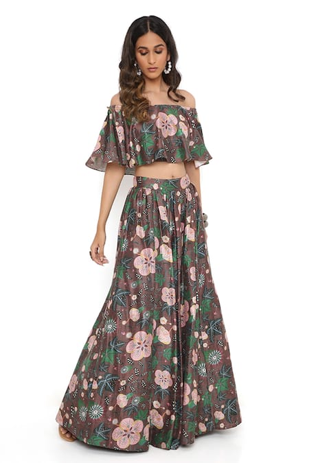 Payal Singhal Brown Dupion Silk Printed Abutilon Floral Pattern Ruffle Top And Lehenga Set Online at Aza Fashions Payal Singhal_Brown Dupion Silk Printed Abutilon Floral Pattern Ruffle Top And Lehenga Set_Online_at_Aza_Fashions