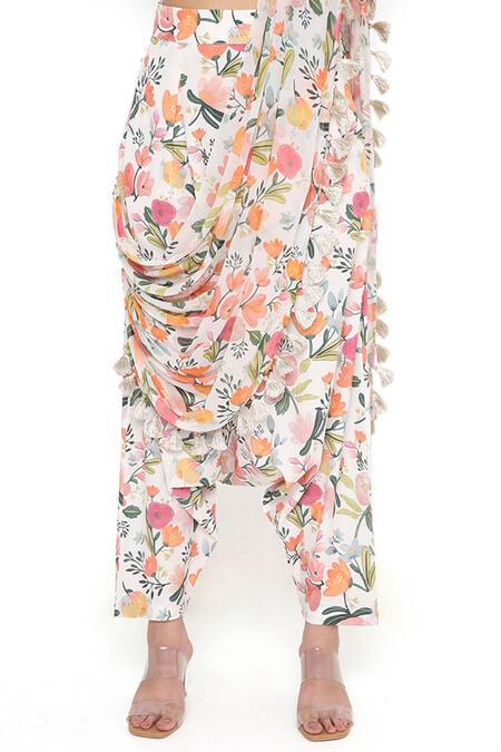 Shop_PS Pret By Payal Singhal_Ivory Art Crepe Printed Floral Pattern Round Draped Pant Saree With Top_Online_at_Aza_Fashions