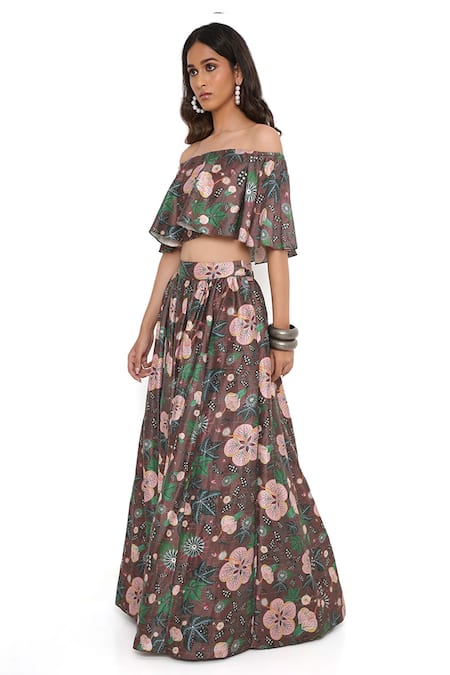Buy Payal Singhal Brown Dupion Silk Printed Abutilon Floral Pattern Ruffle Top And Lehenga Set Online at Aza Fashions Buy_Payal Singhal_Brown Dupion Silk Printed Abutilon Floral Pattern Ruffle Top And Lehenga Set_Online_at_Aza_Fashions
