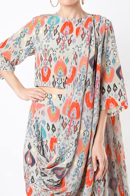 Payal Singhal_Grey Georgette Print Ikat Garden Round Dhoti Saree With Blouse _Online_at_Aza_Fashions