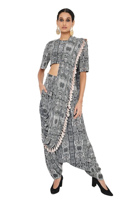 Buy Payal Singhal Black Crepe Crew Neck Gulnaz Draped Pant And Blouse Set Online at Aza Fashions Buy_Payal Singhal_Black Crepe Crew Neck Gulnaz Draped Pant And Blouse Set _Online_at_Aza_Fashions