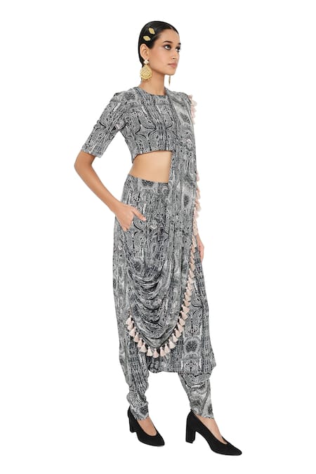 Payal Singhal Black Crepe Crew Neck Gulnaz Draped Pant And Blouse Set Online at Aza Fashions Payal Singhal_Black Crepe Crew Neck Gulnaz Draped Pant And Blouse Set _Online_at_Aza_Fashions