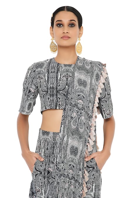 Shop Payal Singhal Black Crepe Crew Neck Gulnaz Draped Pant And Blouse Set Online at Aza Fashions Shop_Payal Singhal_Black Crepe Crew Neck Gulnaz Draped Pant And Blouse Set _Online_at_Aza_Fashions