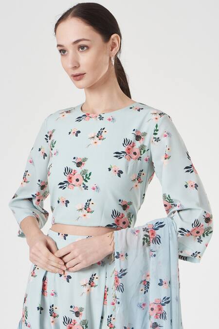 PS Pret By Payal Singhal_Blue Crepe And Georgette Gulabi Print Round Dhoti Saree With Blouse_Online_at_Aza_Fashions