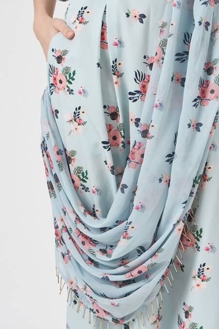 Buy_PS Pret By Payal Singhal_Blue Crepe And Georgette Gulabi Print Round Dhoti Saree With Blouse_Online_at_Aza_Fashions