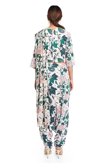 Shop_PS Pret by Payal Singhal_White Crepe, Georgette Abutilon Prints Round Top And Draped Pant Set _at_Aza_Fashions
