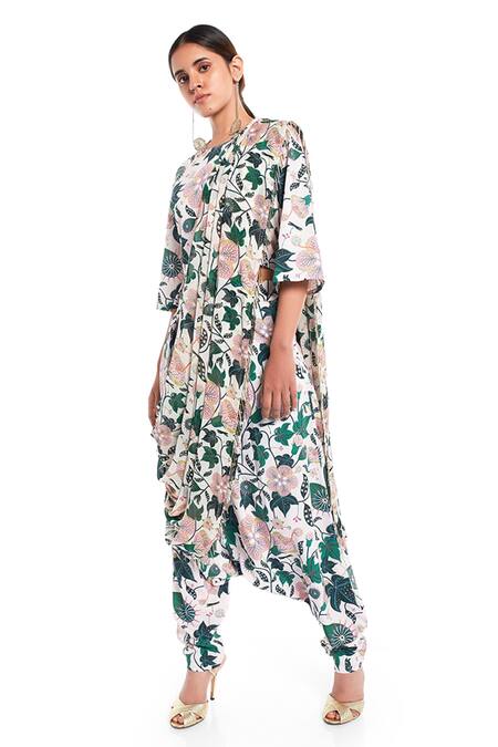 PS Pret by Payal Singhal_White Crepe, Georgette Abutilon Prints Round Top And Draped Pant Set _Online_at_Aza_Fashions