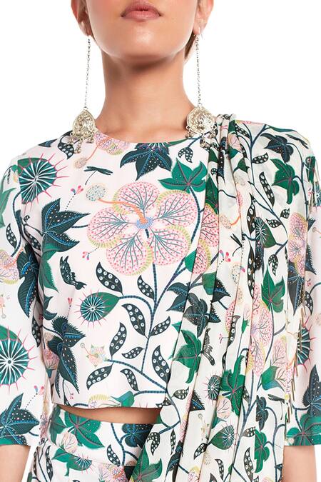 Buy_PS Pret by Payal Singhal_White Crepe, Georgette Abutilon Prints Round Top And Draped Pant Set _Online_at_Aza_Fashions