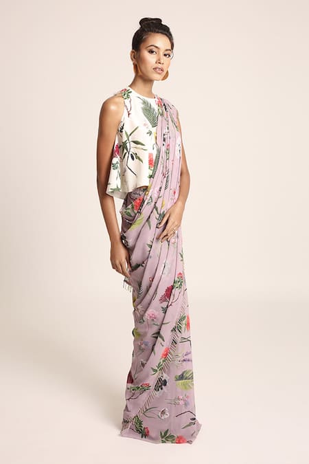PS Pret By Payal Singhal_Purple Crepe, Georgette Bageecha Prints Round Saree And Top Set_Online_at_Aza_Fashions