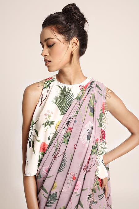 Buy_PS Pret By Payal Singhal_Purple Crepe, Georgette Bageecha Prints Round Saree And Top Set_Online_at_Aza_Fashions