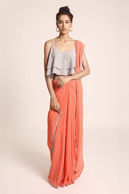 PS Pret by Payal Singhal Stem Print Saree & Layered Top Set 