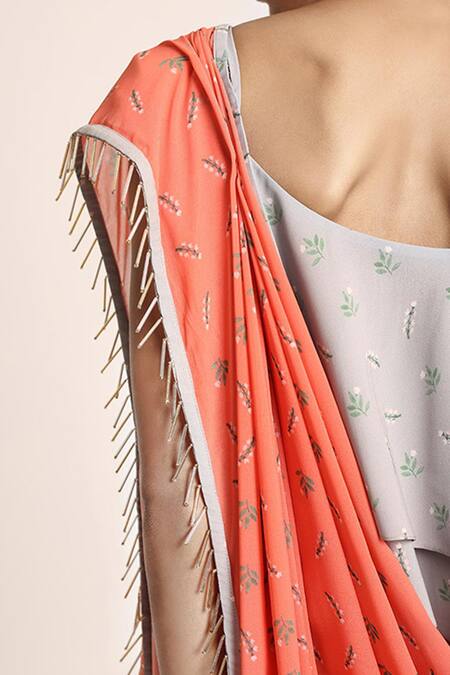 Buy_PS Pret By Payal Singhal_Peach Art Crepe Printed Stem Scoop Neck Saree And Layered Top Set_Online_at_Aza_Fashions