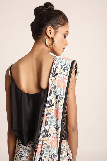 PS Pret By Payal Singhal_Beige Art Crepe Printed Tulip Scoop Neck Saree And Layered Top Set_Online_at_Aza_Fashions