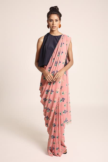 PS Pret by Payal Singhal Peach Art Crepe Printed Neela Butta Round Saree And Layered Top Set 