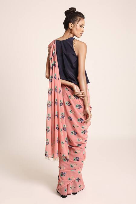 Shop PS Pret By Payal Singhal Peach Art Crepe Printed Neela Butta Round Saree And Layered Top Set at Aza Fashions Shop_PS Pret By Payal Singhal_Peach Art Crepe Printed Neela Butta Round Saree And Layered Top Set_at_Aza_Fashions
