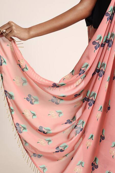 Buy PS Pret By Payal Singhal Peach Art Crepe Printed Neela Butta Round Saree And Layered Top Set Online at Aza Fashions Buy_PS Pret By Payal Singhal_Peach Art Crepe Printed Neela Butta Round Saree And Layered Top Set_Online_at_Aza_Fashions