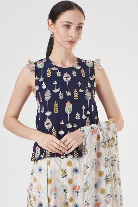 PS Pret by Payal Singhal_Cream Georgette And Embroidery Green House & Folk Dhoti Saree With Top _Online_at_Aza_Fashions