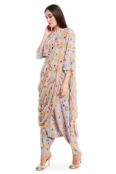 PS Pret By Payal Singhal_Purple Art Crepe Printed Bandhani Kilim Round Top And Draped Pant Set_Online_at_Aza_Fashions