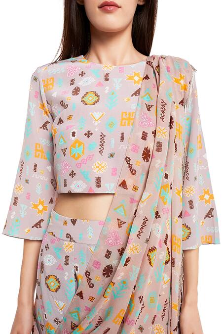 Buy_PS Pret By Payal Singhal_Purple Art Crepe Printed Bandhani Kilim Round Top And Draped Pant Set_Online_at_Aza_Fashions