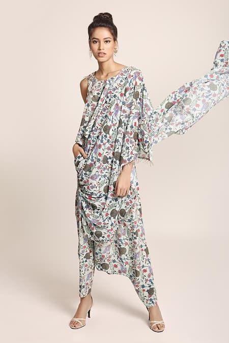 PS Pret by Payal Singhal Blue Art Crepe Printed Turkish Round Top And Draped Pant Set 