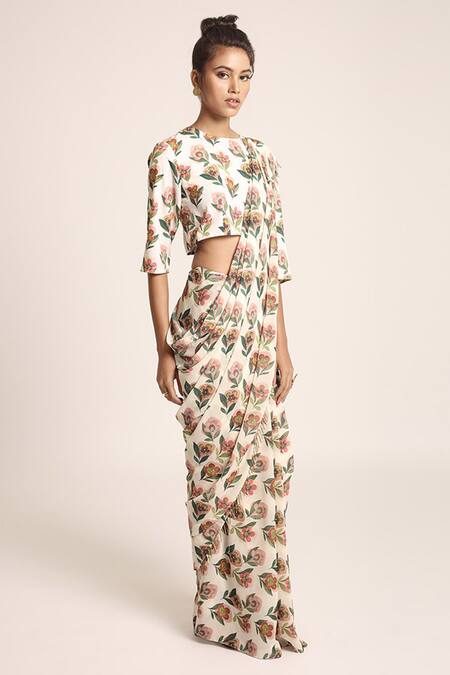 PS Pret By Payal Singhal_Beige Art Crepe Printed Retro Floral Motifs Round Saree With Blouse_Online_at_Aza_Fashions