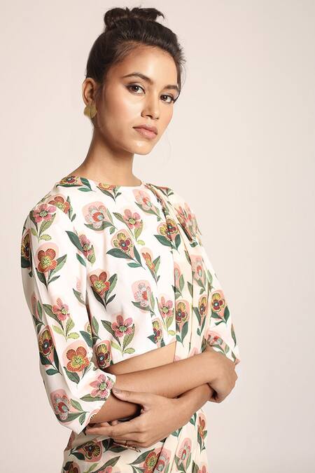 Buy_PS Pret By Payal Singhal_Beige Art Crepe Printed Retro Floral Motifs Round Saree With Blouse_Online_at_Aza_Fashions