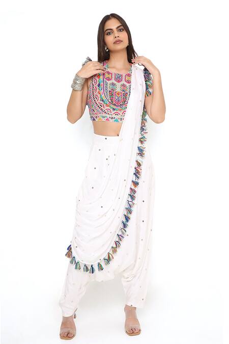Payal Singhal Off White Georgette Embroidered Mukaish U Neck Draped Pant Saree With Choli Online at Aza Fashions Payal Singhal_Off White Georgette Embroidered Mukaish U Neck Draped Pant Saree With Choli _Online_at_Aza_Fashions