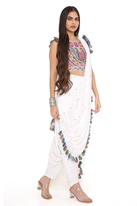 Buy Payal Singhal Off White Georgette Embroidered Mukaish U Neck Draped Pant Saree With Choli Online at Aza Fashions Buy_Payal Singhal_Off White Georgette Embroidered Mukaish U Neck Draped Pant Saree With Choli _Online_at_Aza_Fashions