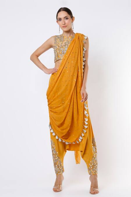 YELLOW BANDHANI DHOTI SAREE - Phulkari Shoppe