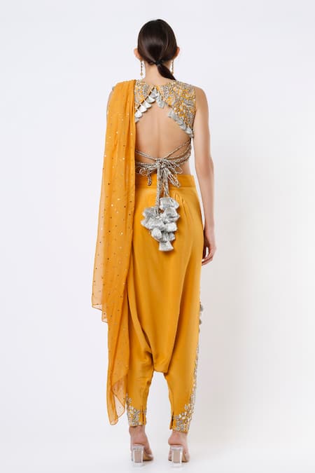 Shop Payal Singhal Yellow Crepe Round Tassel Detail Dhoti Saree With Blouse at Aza Fashions Shop_Payal Singhal_Yellow Crepe Round Tassel Detail Dhoti Saree With Blouse _at_Aza_Fashions