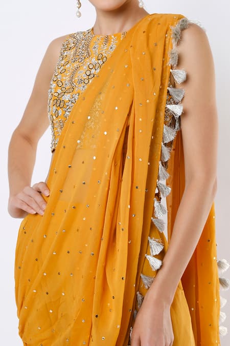 Payal Singhal Yellow Crepe Round Tassel Detail Dhoti Saree With Blouse Online at Aza Fashions Payal Singhal_Yellow Crepe Round Tassel Detail Dhoti Saree With Blouse _Online_at_Aza_Fashions