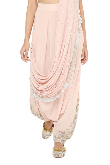 Payal Singhal_Pink Crepe Mukaish Crew Neck Suroor Draped Dhoti Pant Saree With Blouse _at_Aza_Fashions
