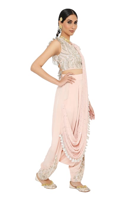 Payal Singhal_Pink Crepe Mukaish Crew Neck Suroor Draped Dhoti Pant Saree With Blouse _Online_at_Aza_Fashions
