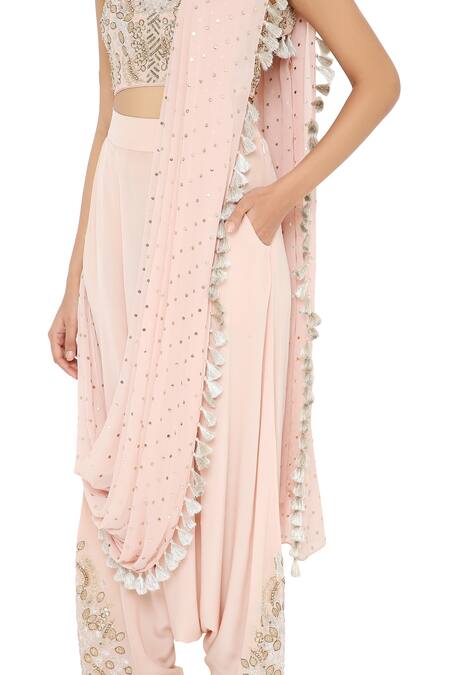 Shop_Payal Singhal_Pink Crepe Mukaish Crew Neck Suroor Draped Dhoti Pant Saree With Blouse _Online_at_Aza_Fashions