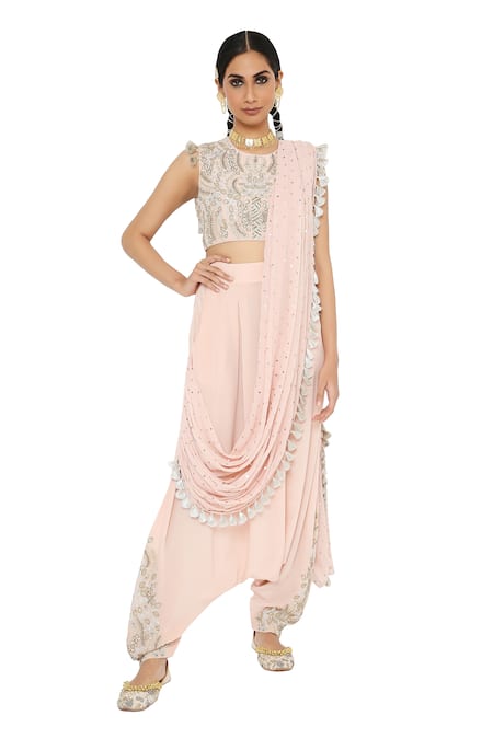 Buy_Payal Singhal_Pink Crepe Mukaish Crew Neck Suroor Draped Dhoti Pant Saree With Blouse _Online_at_Aza_Fashions