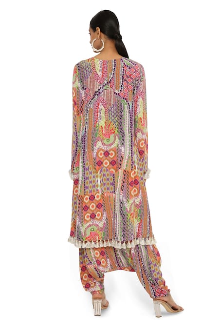 Shop Payal Singhal Multi Color Crepe Printed African Round Tunic And Low Crotch Pant Set at Aza Fashions Shop_Payal Singhal_Multi Color Crepe Printed African Round Tunic And Low Crotch Pant Set _at_Aza_Fashions