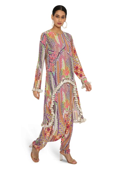 Payal Singhal Multi Color Crepe Printed African Round Tunic And Low Crotch Pant Set Online at Aza Fashions Payal Singhal_Multi Color Crepe Printed African Round Tunic And Low Crotch Pant Set _Online_at_Aza_Fashions
