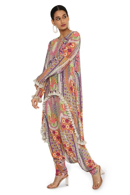 Buy Payal Singhal Multi Color Crepe Printed African Round Tunic And Low Crotch Pant Set Online at Aza Fashions Buy_Payal Singhal_Multi Color Crepe Printed African Round Tunic And Low Crotch Pant Set _Online_at_Aza_Fashions