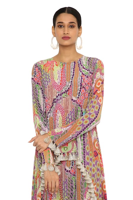 Shop Payal Singhal Multi Color Crepe Printed African Round Tunic And Low Crotch Pant Set Online at Aza Fashions Shop_Payal Singhal_Multi Color Crepe Printed African Round Tunic And Low Crotch Pant Set _Online_at_Aza_Fashions