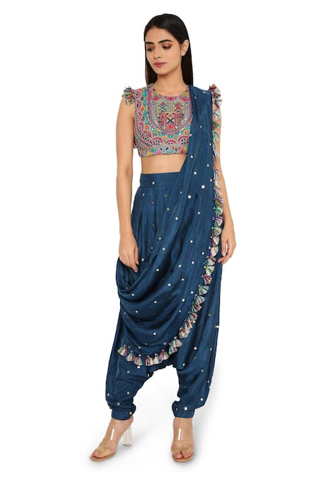 Payal Singhal Blue Silk Embroidered Geometric Round Dhoti Saree With Blouse